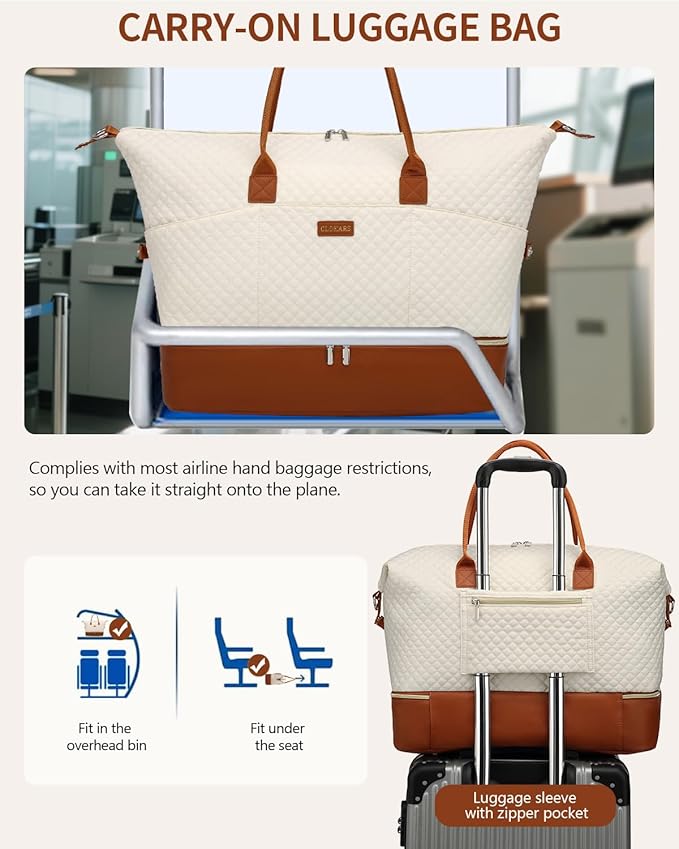 Weekender Bags for Women Travel, Overnight Bags Carry On Duffle Bag with Shoe Compartment for Airplane Large Tote Bag for Weekend Over Night, Hospital Bags, Women Gifts, Beige Brown