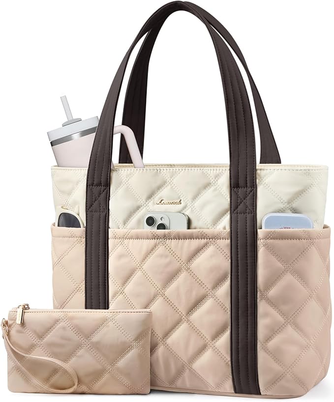 LOVEVOOK Puffer Tote Bag for Women, Puffy Work Handbag with Cup Holder, Travel Carry On Bag with Zipper for Teacher Nurse Gym