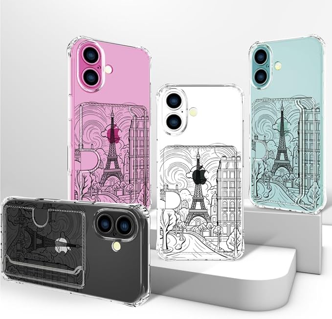 Compatible with iPhone 17 Case Card Holder for Women Cute Design,Wallet Phone Cases Transparent Cool Kawaii Protective (Clear Paris City Eiffel Tower)