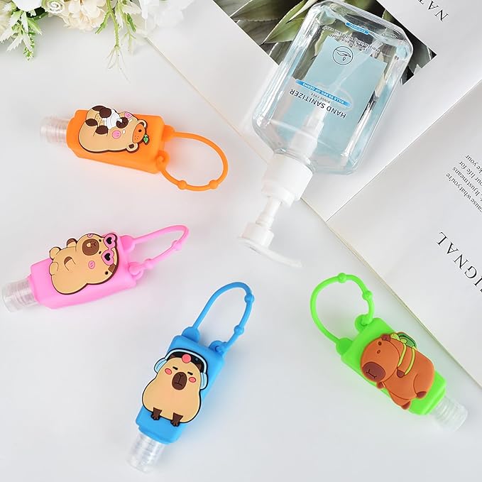 Refillable Travel Bottles Containers, 4 Pack Hand Sanitizer Travel Size Holder with Empty Silicone Bottles Case Keychain Carrier, Leak Proof Portable Bottle for Liquid Soap, Lotion (Capybara)
