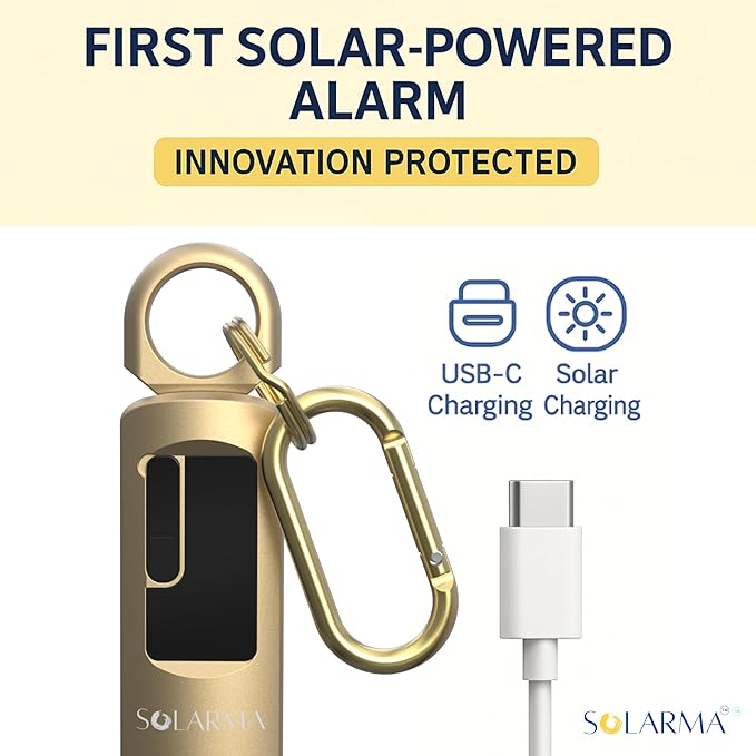 Solarma by HerTime2 | Solar Powered Personal Alarm for Women | Extra Loud Dual Siren + LED | Solar + USB-C Rechargeable | Ideal Gift for College Travel Running Realtors | Self Defense Safety Alarm