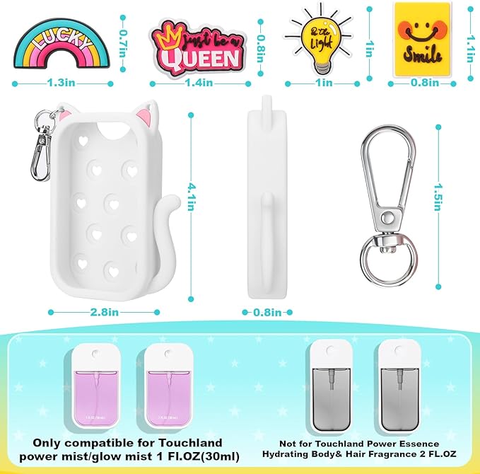 Juome Silicone Case for Touchland Hand Sanitizer Spray with Keychain & Charms, Cat Protective Holder Compatible with Touchland Power Mist & Glow Mist 1 FL Oz/30ML,Travel Cover Sleeve Accessory (White)