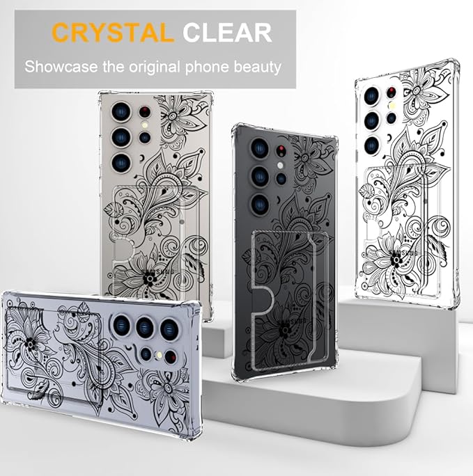 Compatible with Samsung Galaxy S24 Ultra Case Card Holder for Women Cute Design,Wallet Phone Cases Transparent Cool Kawaii Protective (Clear Black Henna Flower)
