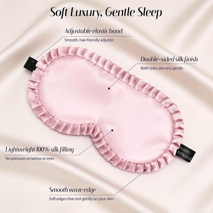 Silk Sleep Mask for Women: 100% Mulberry Silk Eye Mask, Black Back Sleeping Mask for Light Blocking, Soft Wavy Edge Eye Cover and Adjustable Strap, Travel & Sleep Gift (Pink)