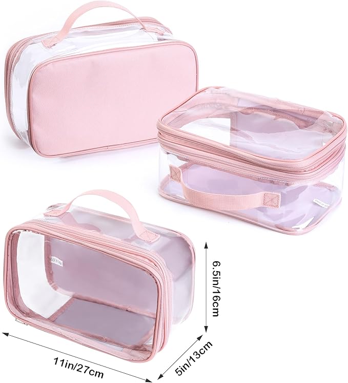 BORMELUN Large clear travel pouch,TSA approved toiletry reusable organizer with zipper proof purse makeup case carry On (Pink)