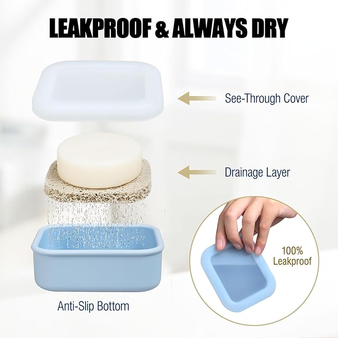 OTHIX 2 Pack Leakproof Silicone Travel Soap Case, Small Bar Soap Holder Container with Drainage Layer & Mini Portable Soap Dish Fits for Dove＆ Kitsch Shampoo Bar, Gym, Camping (Baby Blue & Sage Green)