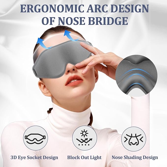 3D Deep Contoured Zero Pressure Sleep Eye Mask for Men & Women, Blackout Blindfold with Adjustable Strap for Travel, Home, Nap (Gray)