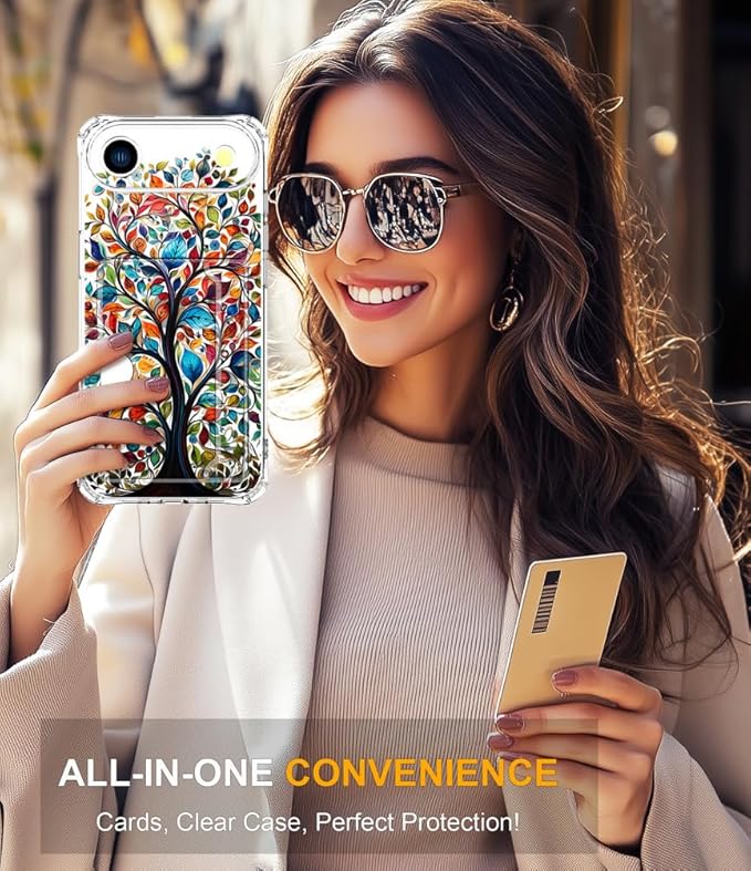 Compatible with iPhone 17 Air Case Card Holder for Women Cute Design,Wallet Phone Cases Transparent Cool Kawaii Protective (Clear Tree Colorful Leaves)