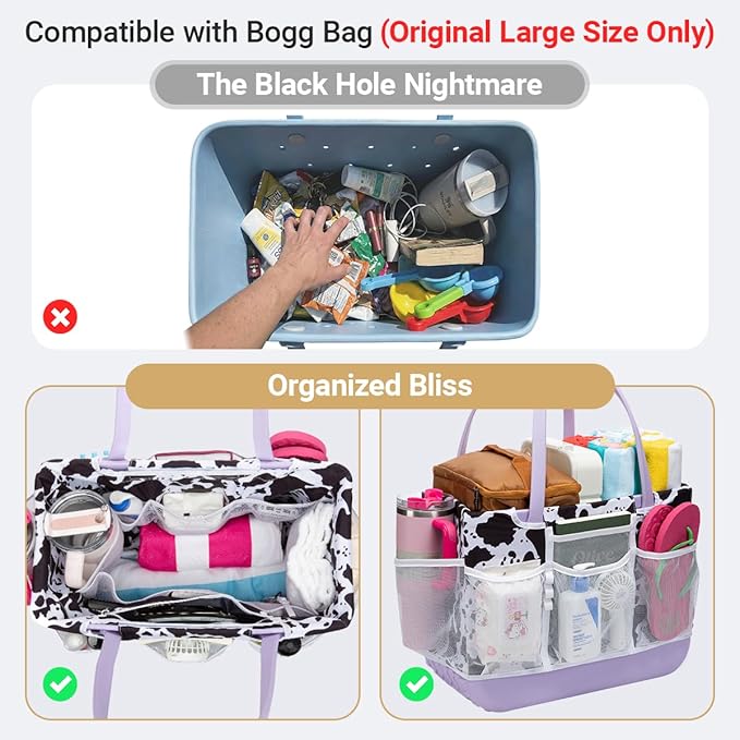Nyton Custom Fit Organizer Bag Insert for Bogg Bag Inner Liner Pouch for Original Large XL Rubber Tote Zippered Organizer with Pockets for Beach Travel Sports Mom (BLACK WHITE COW, LARGE)