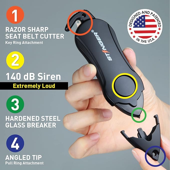 Stinger Personal Alarm Keychain Emergency Tool, Safety Panic Alarm Siren, Seat Belt Cutter, Glass Breaker, Security Device for Women Men Kid, Designed in USA (Black 2 pcs)