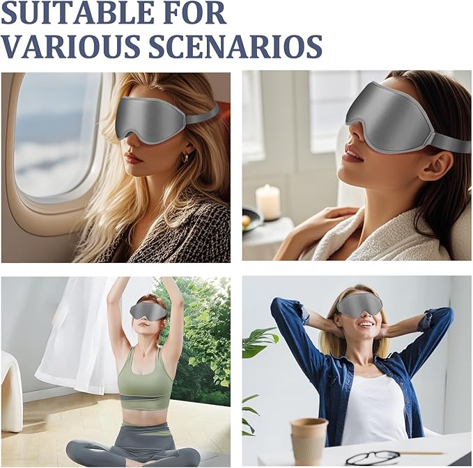 3D Deep Contoured Zero Pressure Sleep Eye Mask for Men & Women, Blackout Blindfold with Adjustable Strap for Travel, Home, Nap (Gray)