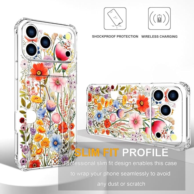 Compatible with iPhone 17 Pro Case Card Holder for Women Cute Design,Wallet Phone Cases Transparent Cool Kawaii Protective (Clear Flowers Lily Girly Florals)