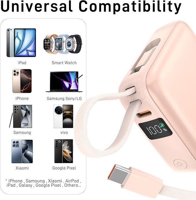 VINKO 10000mAh Power Bank Built-in Cables, Fast Charging with LED Display, Small Travel Battery Pack with Cords, Airplane Travel Essentials,Portable Phone Charger for iPhone 17 Smart Devcies(Pink)