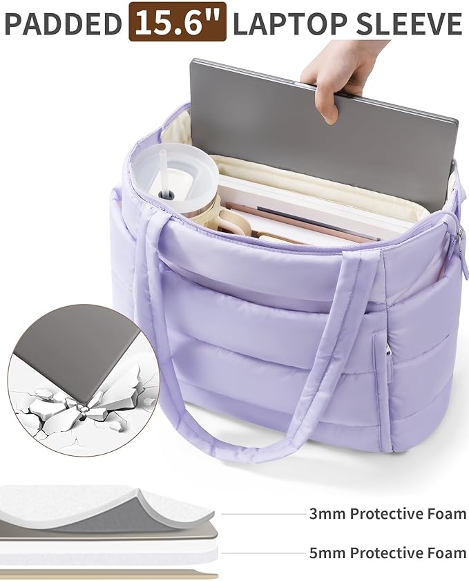 Bagstellar Puffer Tote Bag for Women, Lightweight Puffy Work Handbag Teacher Nurse Quilted Shoulder Bag for School Travel Gym | Cloud Bag w/ Zipper, Daily College Bags, 15.6" Computer Bag, Clinical Nursing Bag, 40 OZ Tumbler Holder, Ideal Gift for Women