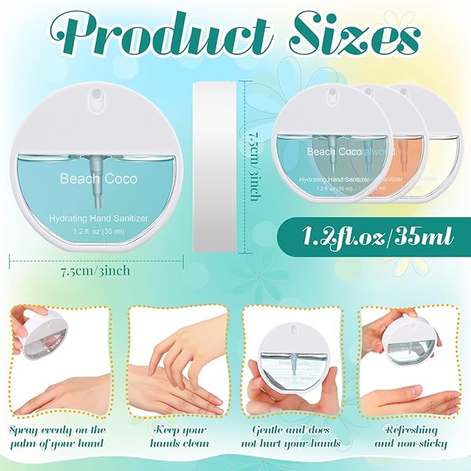 Set of 3 Power Mist Hydrating Hand Sanitizer Spray Travel Size Moisturizing Hand Sanitizer 1.2 Fl. oz Compact Round Spray Bottle Sandalwood Beach Coco Rainwater Scent for Summer Party Gifts