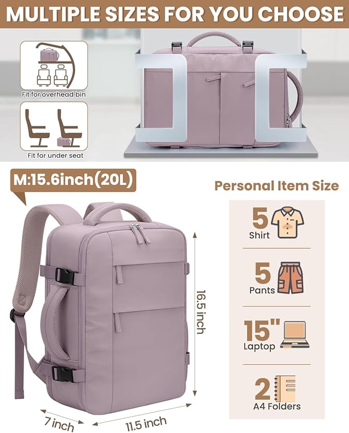 Pritent Travel Backpack for Women Man, Waterproof Personal Item Travel Bag Airline Approved Laptop Backpack Bookbag Weekender bags for Business,Travel, Work Fits 15.6 inch Laptop(Medium,Purple)