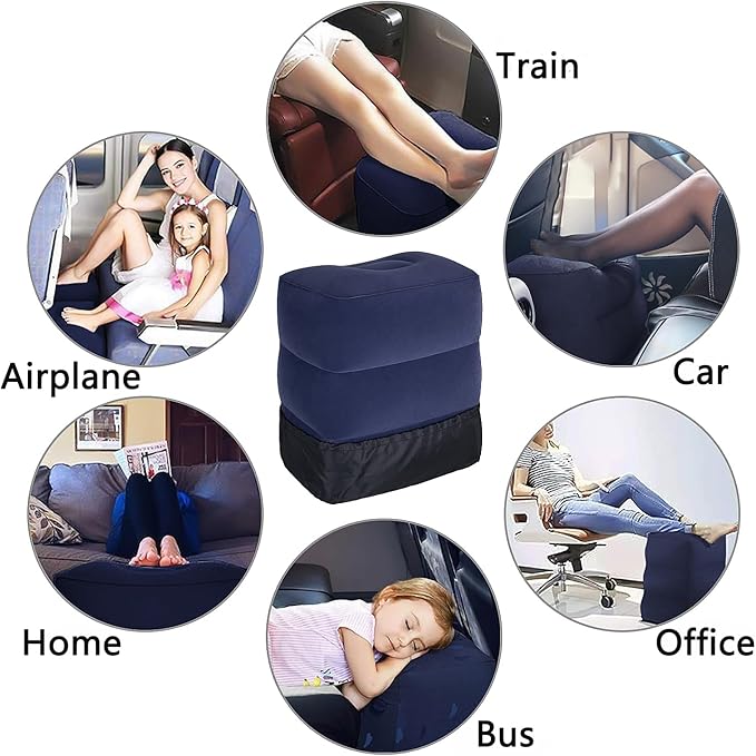 Inflatable Travel Foot Rest Pillow, Adjustable Height Leg Rest Pillow for Cars, Home, Office, Trains, Airplane, Make a Flat Bed for Baby, Kids, Toddlers, with 2in1 Storage Bag (Blue-2)
