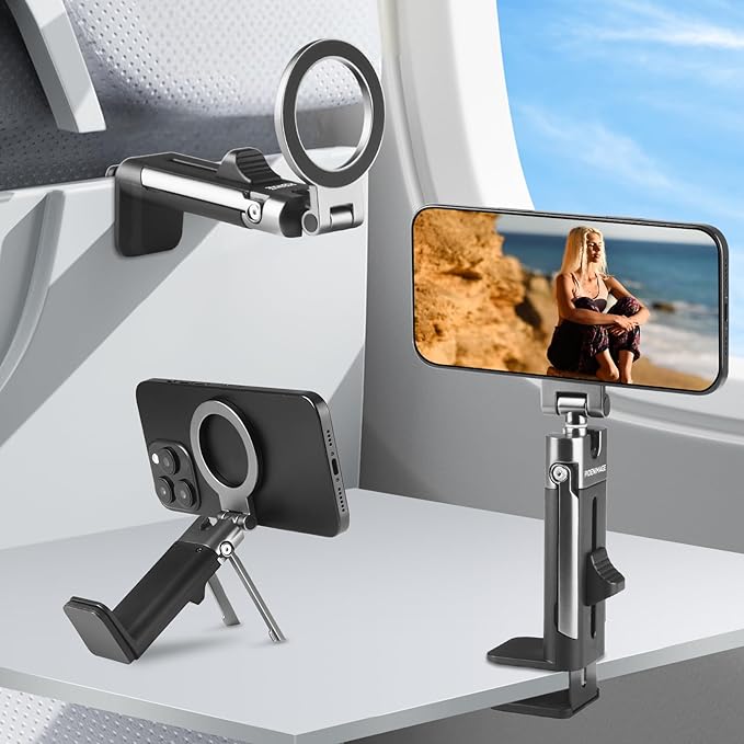 Magnetic Airplane Phone Holder for iPhone 17-12 Series, Foldable Magnetic Phone Stand for Desk, 360° Rotation Phone Tripod Mount, Travel Phone Holder with Strongest Magnet