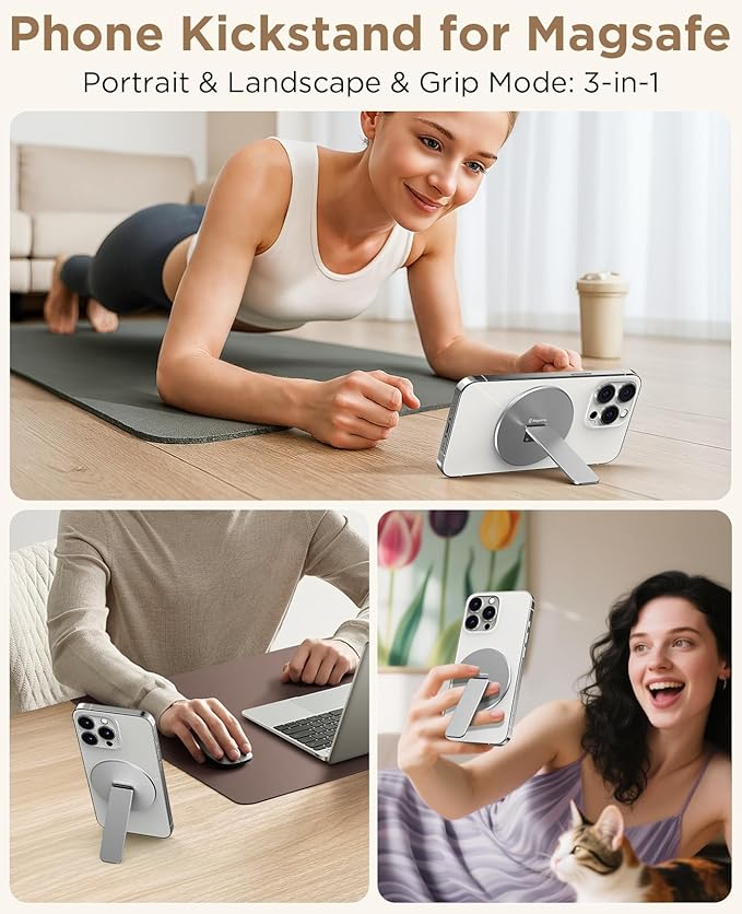 Magtame Magnetic Phone Stand Grip for Magsafe, Utral-Thin Snap-on Phone Kickstand, Holder & Grip, Foldable & Adjustable for Hands-Free Viewing | Compatible with Phone 16 15 14 13 12 Pro,Silver