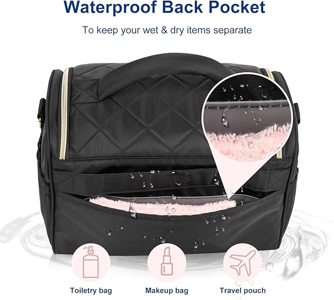 GR69N Travel Toiletry Bag Large Cosmetic Makeup Bag Organizer for Women,Wide-open Make Up Bag Waterproof Makeup Case Travel Bag with Handle and Dividers for Toiletries,Essentials,Accessories,Black