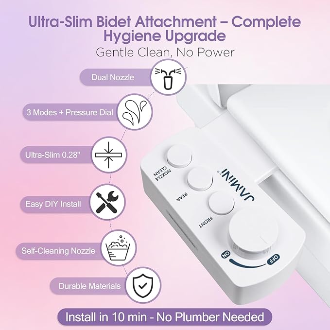 Jamini Ultra-Slim Detachable Bidet Attachment for Toilet – Non-Electric Cold Water, Self-Retraction Dual Nozzles, Step-less Pressure Dial, Dedicated Cleaning Mode, CA65 Certified