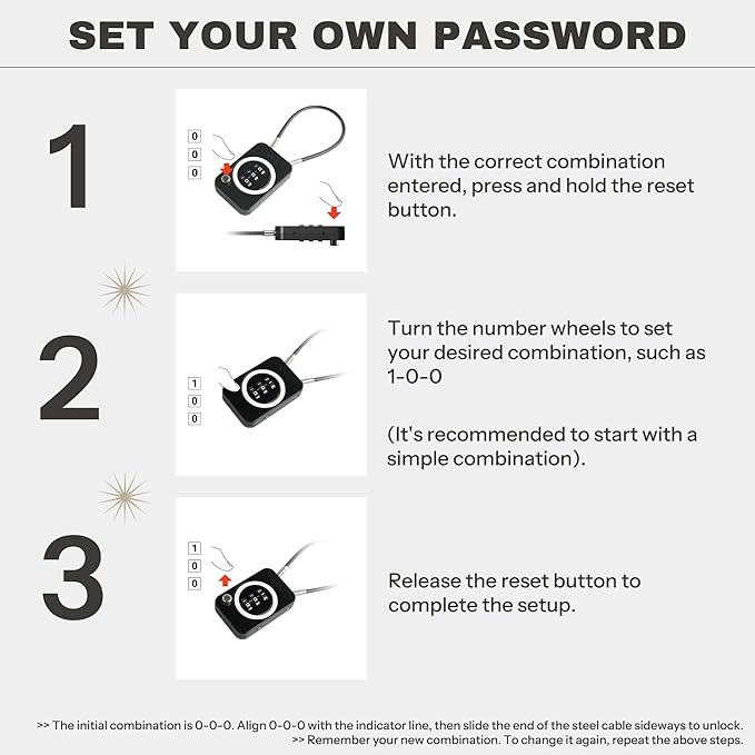 Combo Lock, Premium Cable Lock with Code, Combination Lock for Travel Security, Luggage, Suitcase, Backpack, Anti-Theft (Non-Luminous, Black)