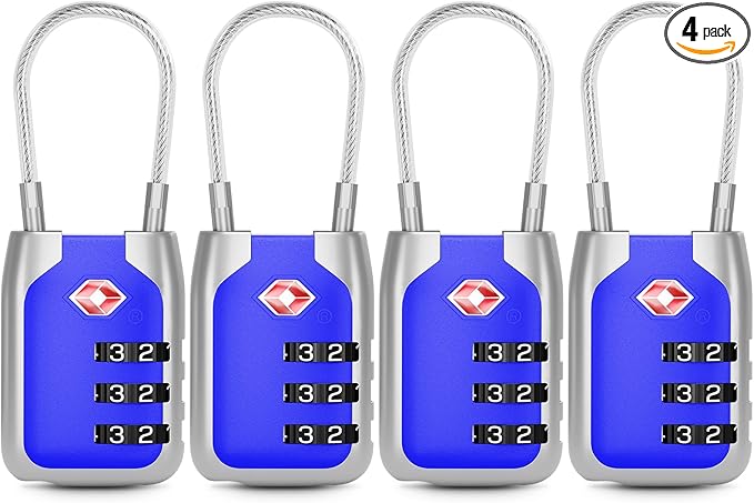 Joyway TSA Approved Luggage Lock, 3 Digit Combination Cable Lock with Alloy Body, Travel Combination Locks for Suitcases, Backpack and Golf Bag (Blue, 4Pack)