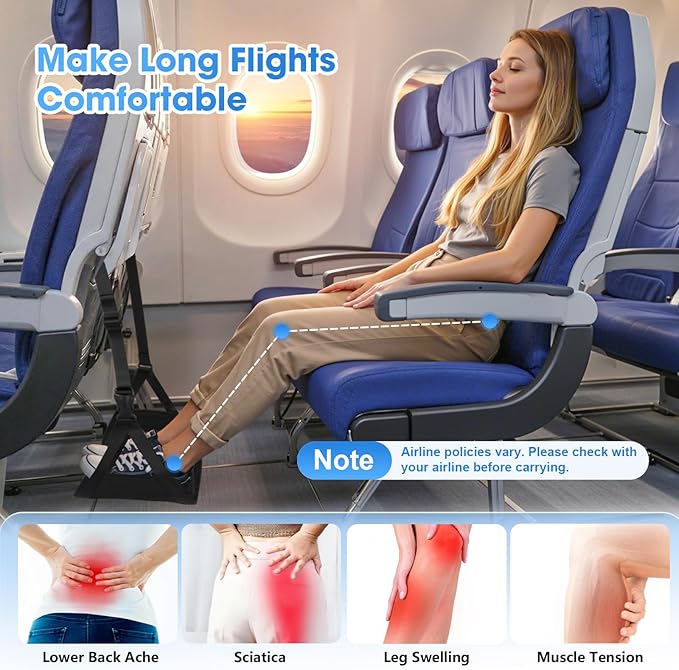 2 Pack Airplane Foot Rest - Lightweight Foot Hammock for Plane Travel with Adjustable Strap & Thick Board, Tray Table Under Desk Footrest to Relax Feet, Travel Essentials for Long Flights(Black)