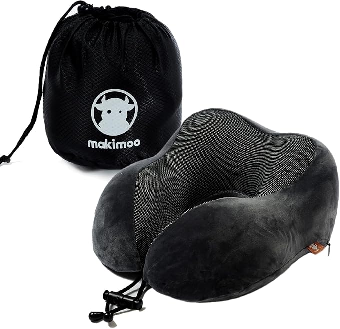 Memory Foam Travel Pillow, Neck Pillow with 360-Degree Head Support, Comfortable and Lightweight, Ideal for Sleeping on Airplane, Car, Train, Bus and Home Use, Comes with Storage Bag (Grey)