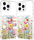 Compatible with iPhone 16 Pro Case Card Holder for Women Cute Design,Wallet Phone Cases Transparent Cool Kawaii Protective (Clear Flowers Herbs Wild Plants)