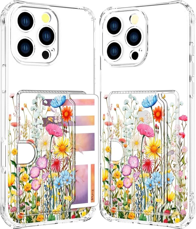 Compatible with iPhone 16 Pro Case Card Holder for Women Cute Design,Wallet Phone Cases Transparent Cool Kawaii Protective (Clear Flowers Herbs Wild Plants)