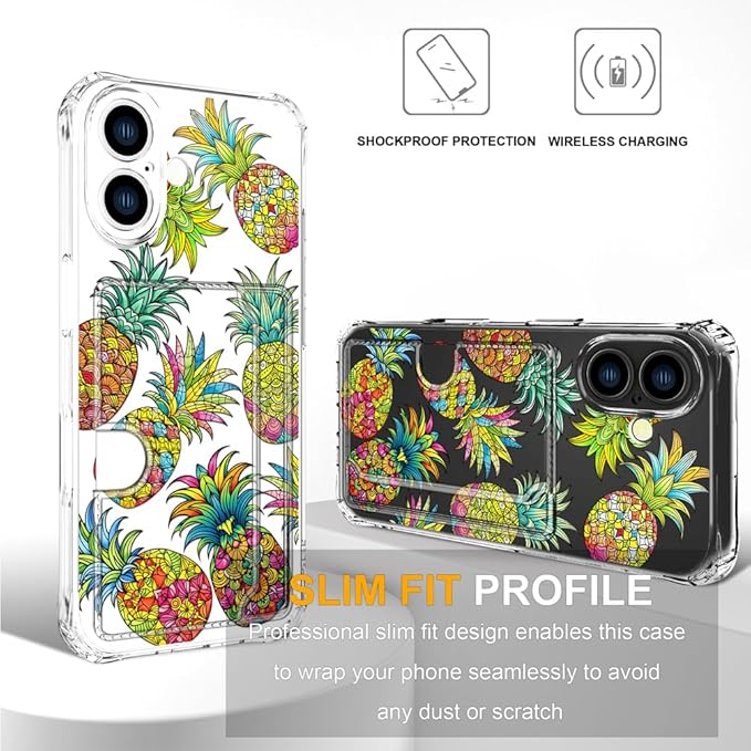 Compatible with iPhone 16 Plus Case Card Holder for Women Cute Design,Wallet Phone Cases Transparent Cool Kawaii Protective (Clear Pineapple Fruit Tropical)