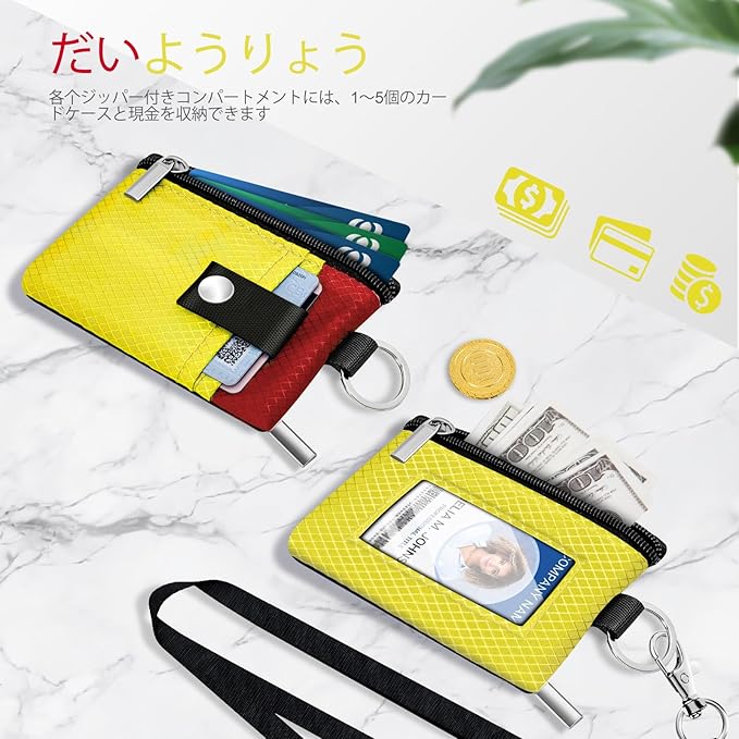 Minimalist RFID Blocking Small Wallet with ID Window,WaterResistant Zip Id Case Wallet with Lanyard Keychain for Cards,Cash,Travel,Women,Men (Lemon Yellow/Red)