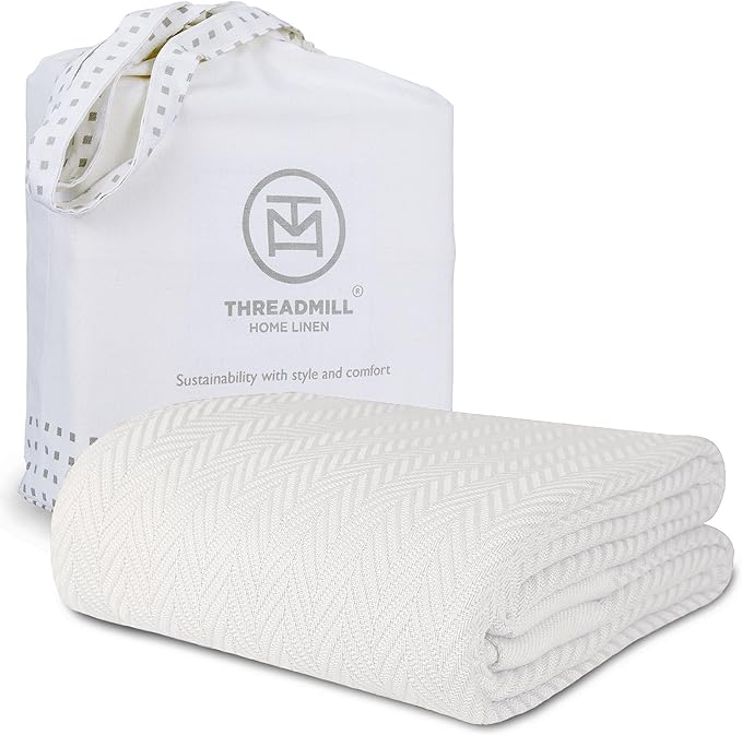 Threadmill Luxury Cotton Blankets for King Size Bed | All-Season Cozy 100% Cotton King Size Blanket | Herringbone Soft Fall Thermal Blanket fits Cal King Size Bed | Tusk White