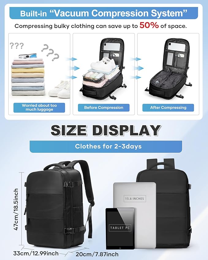 VGCUB Vacuum Backpack Travel with Pump Vacpack System Storage Compression Carry on Laptop Work Business Waterproof College Bags Casual Daypack Backpacks for Women Men Black