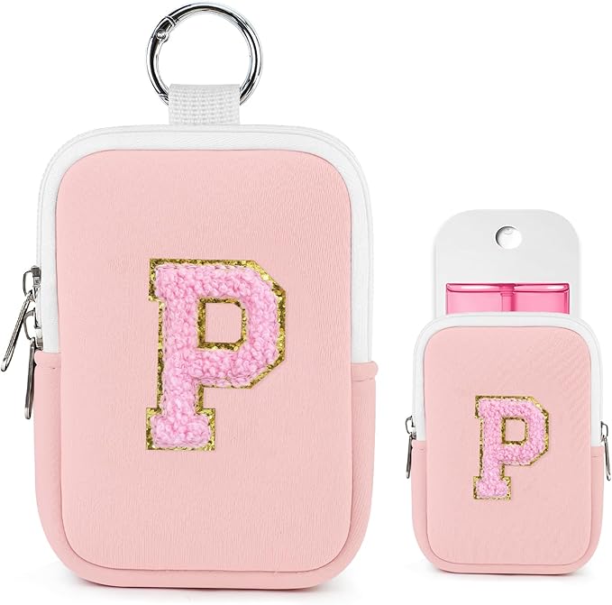 Shenier Alphabet Zippered Case with Keychain, Cute Design, Compatible with Touchland Power Mist Gentle/Glow Mist Hand Sanitizer Spray, Pink-P