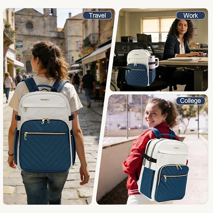 VANKEAN Laptop Backpack for Women with Giant Tumbler Holder Pocket,17.3 inch School College Book Bag Nurse Teacher Backpack,Waterproof Work Travel Backpack Purse Laptop Computer Bag, Beige-Haze blue