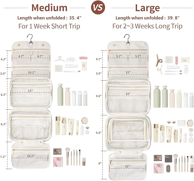 PACKISM Hanging Travel Toiletry Bag for Women - Quilted Plaid PU Leather Travel Makeup Bag with Detachable Bag, Waterproof Cosmetic Bag for Full-Sized Toiletries Fit Bathroom Cruise, Off-white (M)