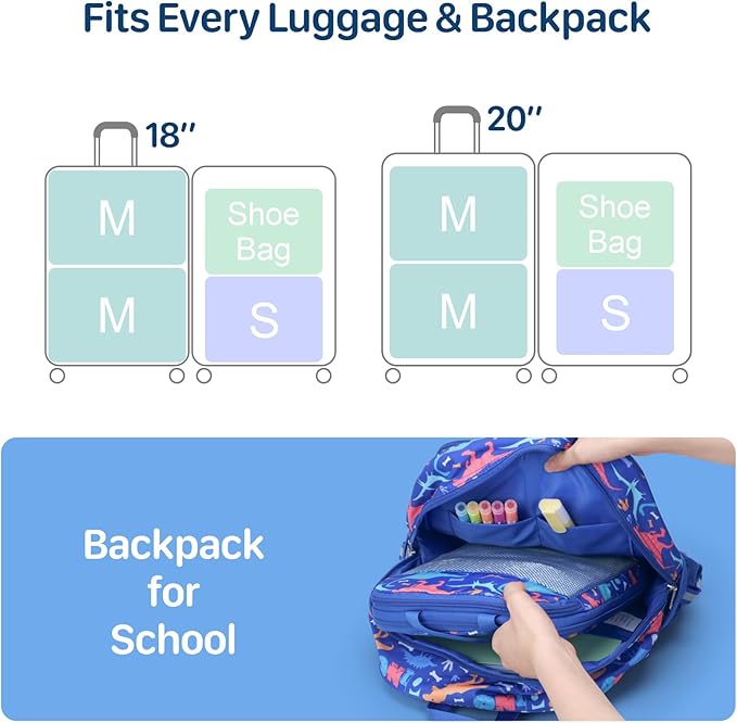 Kids Compression Packing Cubes, 4 Piece Set for Carry On Suitcase, Water Resistant Travel Luggage Organizers with Shoe Bag, Toddler Backpack Essentials (Blue Dinosaur)