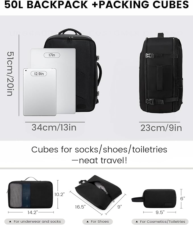 LOVEVOOK Carry on Travel Backpack, Large 50L for Men & Women Flight Approved with USB Charging Port&3 Packing Cubes, Large Suitcase Water Resistant Luggage Daypack Business Weekender Bag, Navy Blue