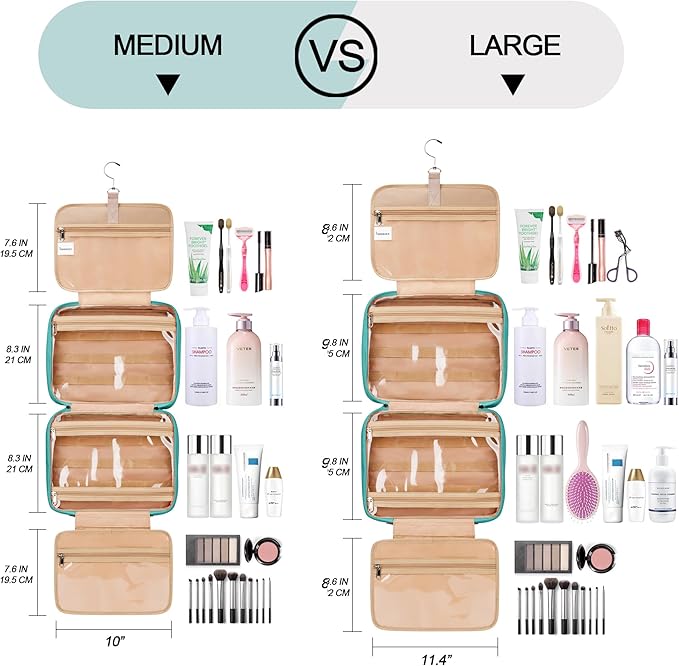 Travel Hanging Toiletry Bag for Women and Men, with 8 Leak Proofing Silicone Bottle Covers, Waterproof Makeup Accessories, Cosmetic Essentials, Toiletries Dopp Kit Set with Jewelry Organizer, Blue