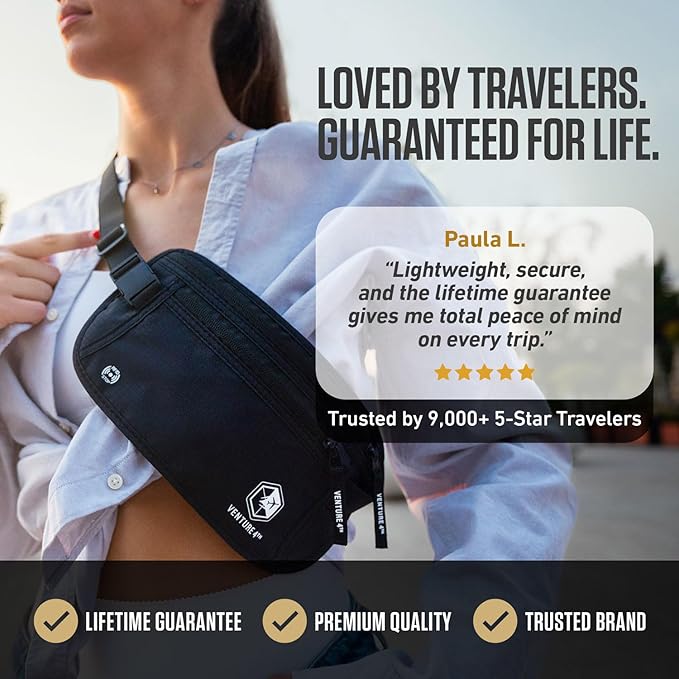VENTURE 4TH Money Belt for Travel – Hidden Under-Clothes RFID Blocking Passport Holder & Slim Travel Wallet Pouch for Men & Women to Protect Cash, Cards & Documents (Pure Black)