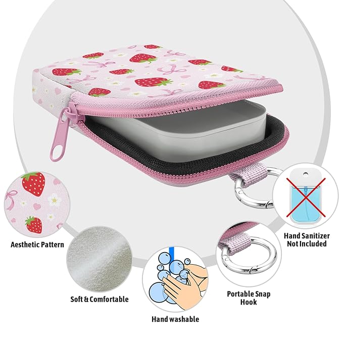 Hand Sanitizer Spray Case, Strawberry Bow Hand Sanitizer Holder Zippered Pouch, Cute Fashion Accessory with Snap Hook for Glow Mist and Power Mist 1FL OZ