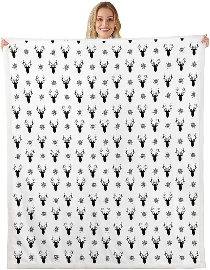 Deer Antlers Kids Throw Blanket,Snowflake Merry Christmas Xmas Bed Blanket for Girls Boys Adults,Rustic Farmhouse Fleece Blanket,Black White Chic Fuzzy Blanket,Baby Size (30 x 39 Inches)