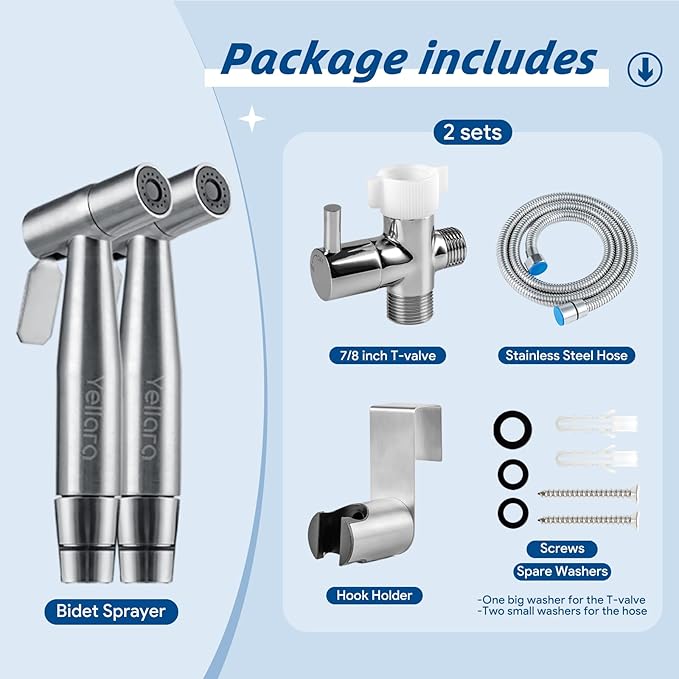 Handheld Bidet Sprayer Kit for Toilet – 2 Sets, Feminine Wash, Toilet Cleaning - Stainless Steel, Adjustable Water Pressure, Easy Installation