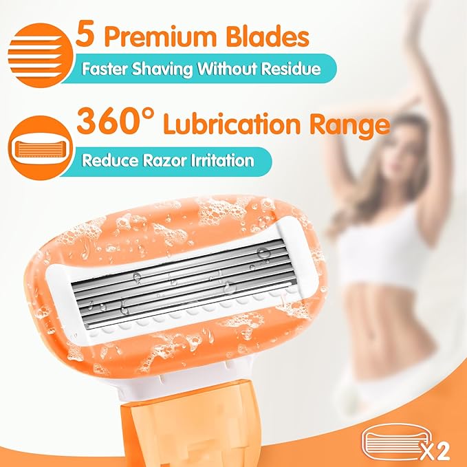 DreamGenius Travel Razors for Women Include 1 Handle and 2 Cartridges, Extra Smooth 5-Blade Travel Essentials Razor with Case for Shaving, Orange