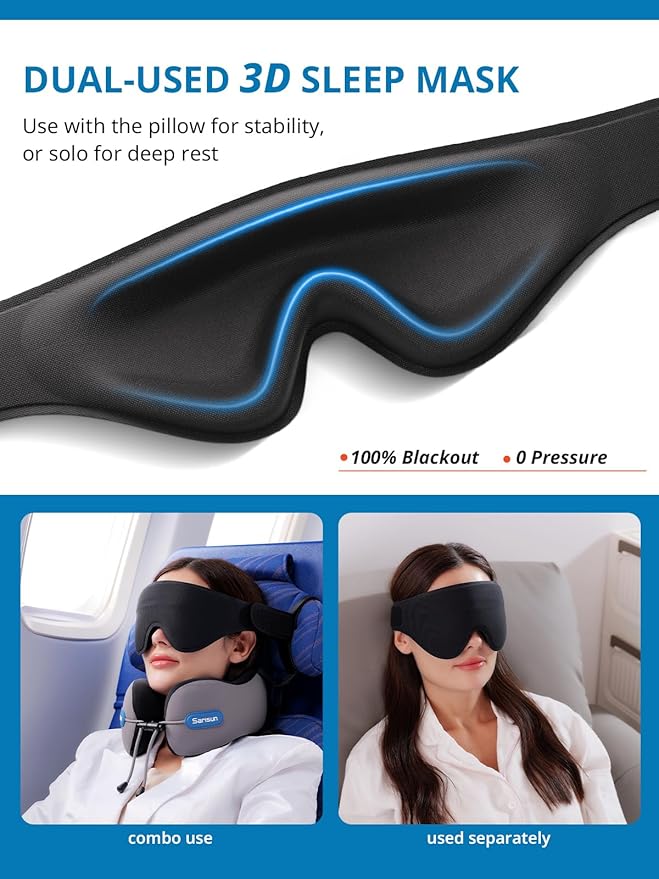 SARISUN Travel Pillow for Airplane,Neck Pillow with Strap,Combo 3D Eye Mask for Sleep,Dual-Density Supportive Foam Travel Neck Pillow for Airplane Flights,Car Road Trip Travel Essentials Pink