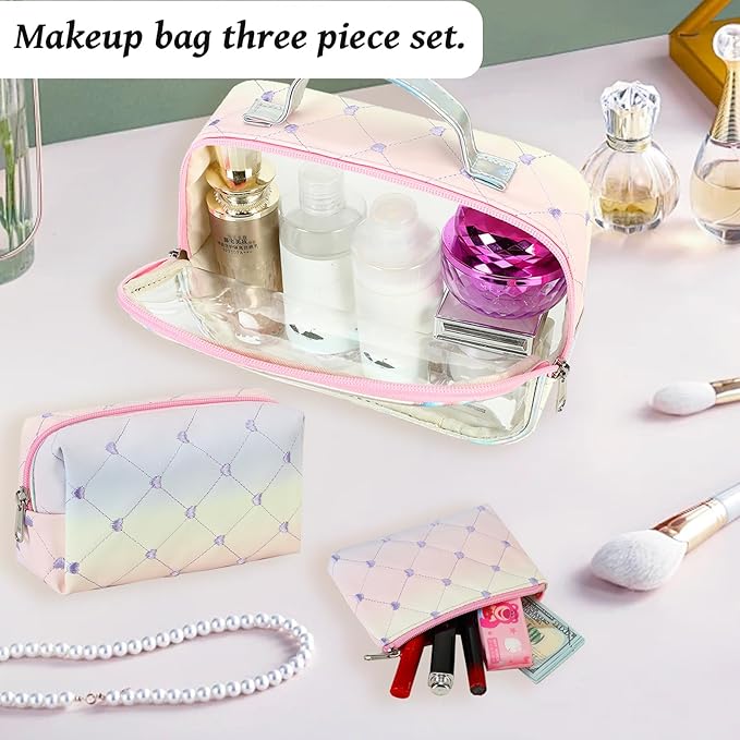 Bluboon 3Pcs Makeup Toiletry Bag for Women, Clear Packing Cubes Cosmetic Bag for Travel Women With Zipper Travel Essentials (Rainbow Heart 2)