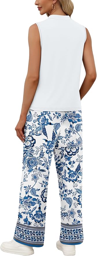 WIHOLL Two Piece Set for Women Summer Spring Outfits Cruise Travel Airport Beach Vacation Mock Neck Wide Leg Pants Set