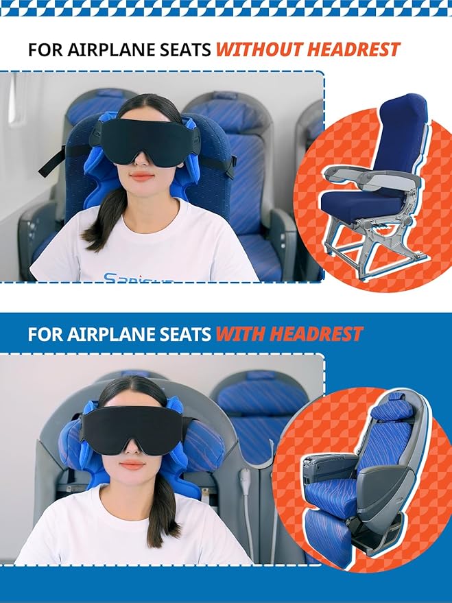 SARISUN Travel Pillows for Airplanes, Airplane Pillow with 3D Sleep Eye Mask, 360° Head Support, Stop Bobblehead Plane Travel Essentials, Adjustable Airplane Head Strap for Budget Airlines, Black